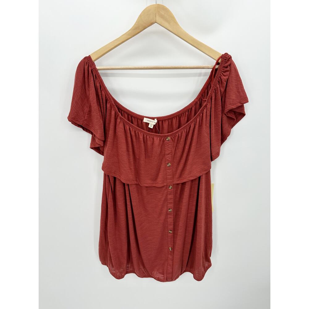 Paper + Tee Rust Red Ruffle Off Shoulder Faux Button Down Top Womens Size 3X NWT